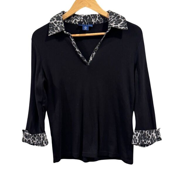 Karen Scott 3/4 sleeve Black and cheetah print Top Size M - Picture 1 of 5